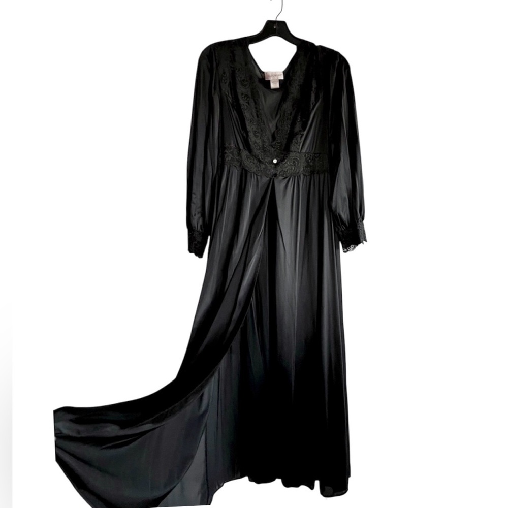 Shadowline Peignor Dressing Robe Lace Silky Nylon Romantic Goth Feminine Large - Picture 6 of 11